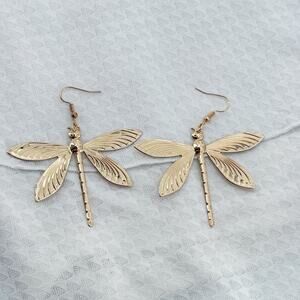 Large Gold Dragonfly Dangle Earrings